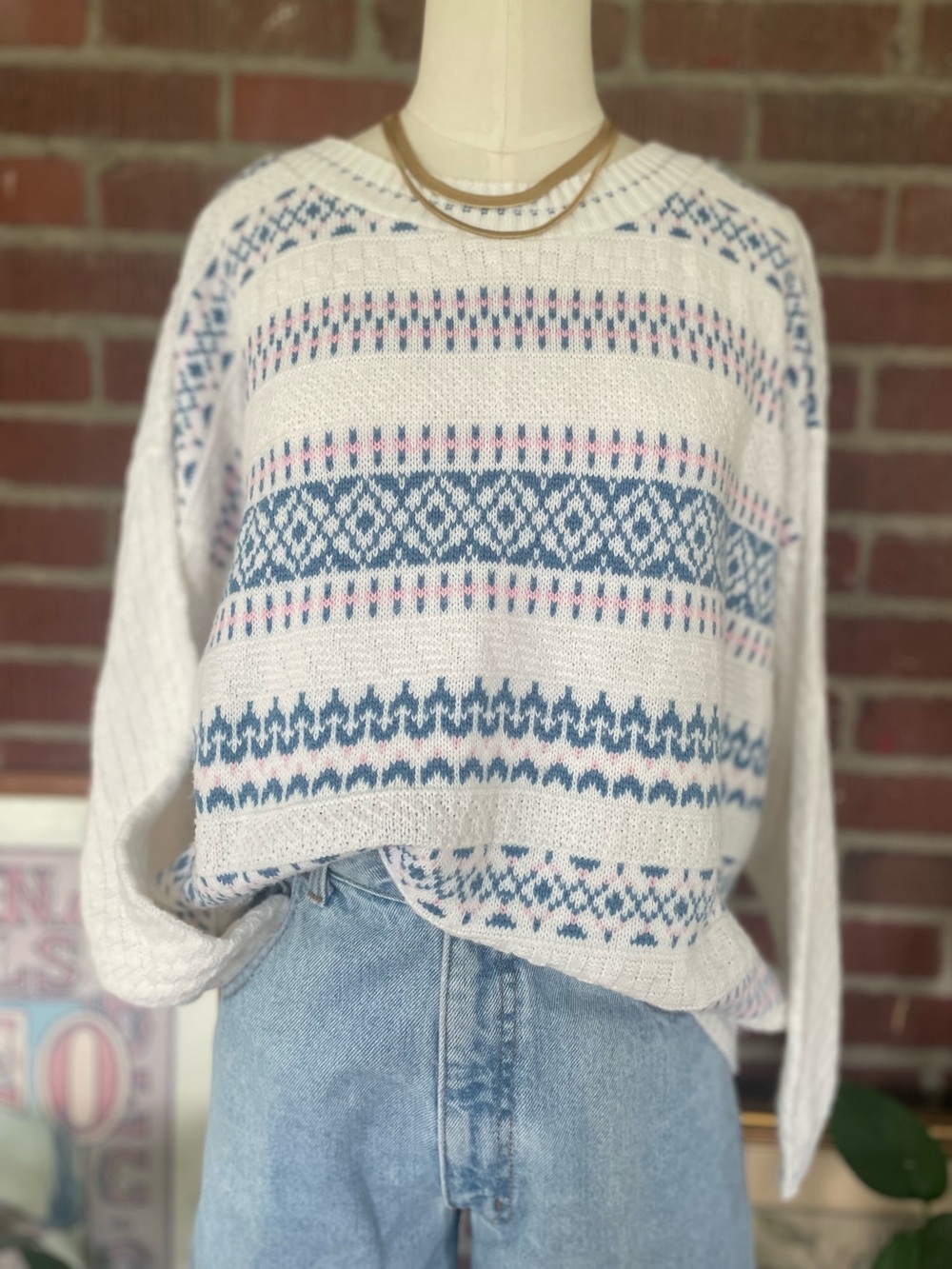 Cream Crewneck Sweater with Blue and Pink Pattern
